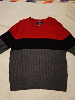 Karen Scott Colorblock Cable-Knit Crewneck Sweater - Red, Black & Gray